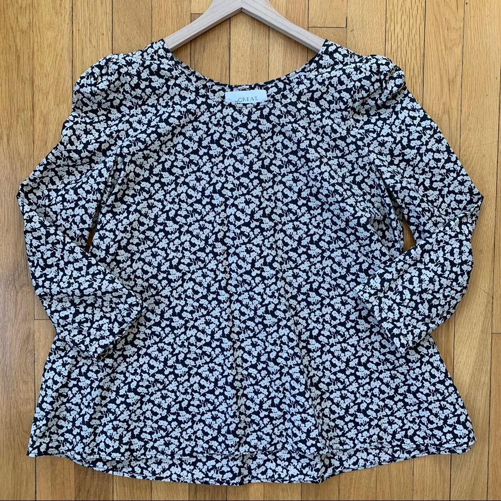 The Great Floral Puff Sleeve Swing Poplin Top in Black and Cream Size 2 Medium